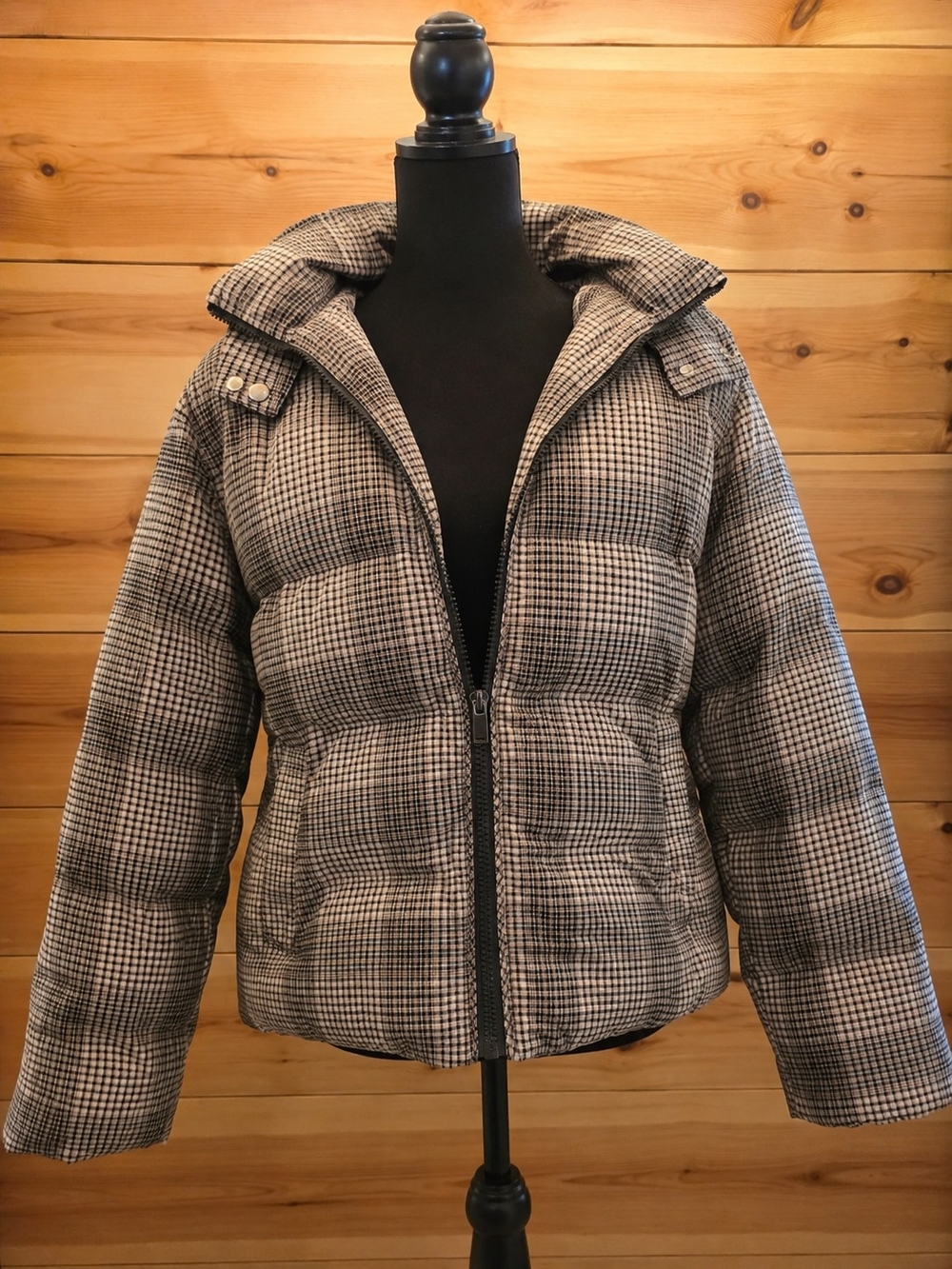 a new day Women's Gray Plaid Puffer Jacket